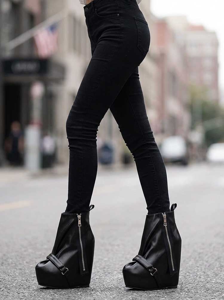 Black Faux Leather Wedge Platform Ankle Boots with Side Zipper & Buckle - Styeenigma