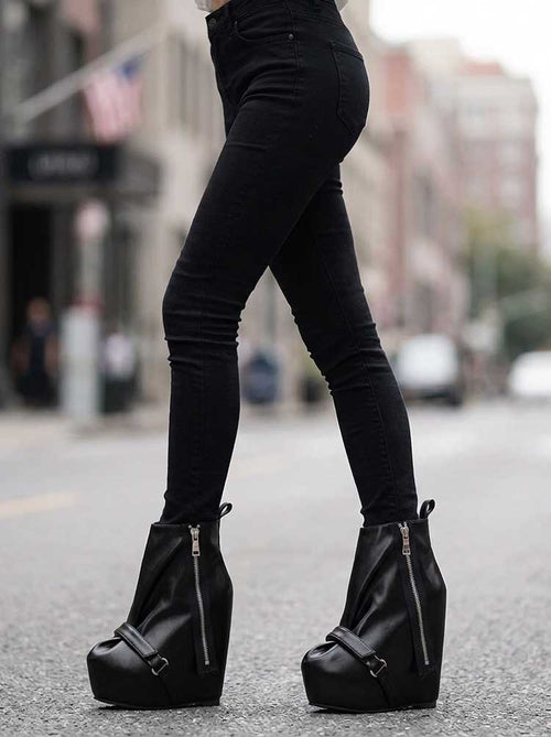 Black Faux Leather Wedge Platform Ankle Boots with Side Zipper & Buckle - Styeenigma