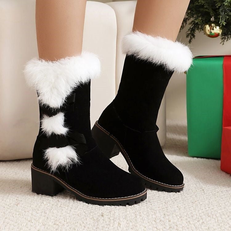 Black Suede Winter Mid-Calf Boots Faux Fur Bow Block Heel Bootie - Styeenigma