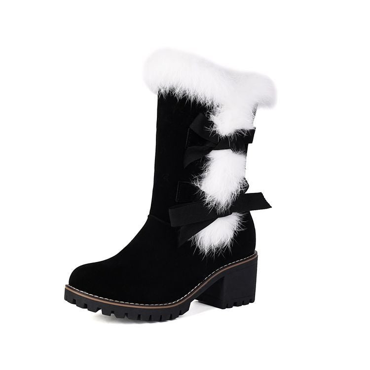 Black Suede Winter Mid-Calf Boots Faux Fur Bow Block Heel Bootie - Styeenigma