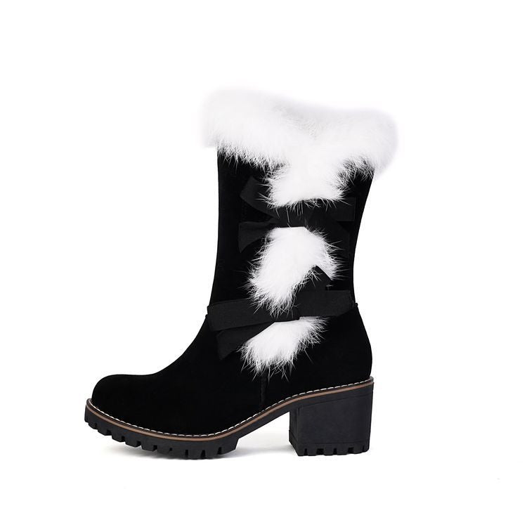 Black Suede Winter Mid-Calf Boots Faux Fur Bow Block Heel Bootie - Styeenigma