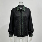 White/Black Rhinestone Blouse Women's Long Sleeve Shirt