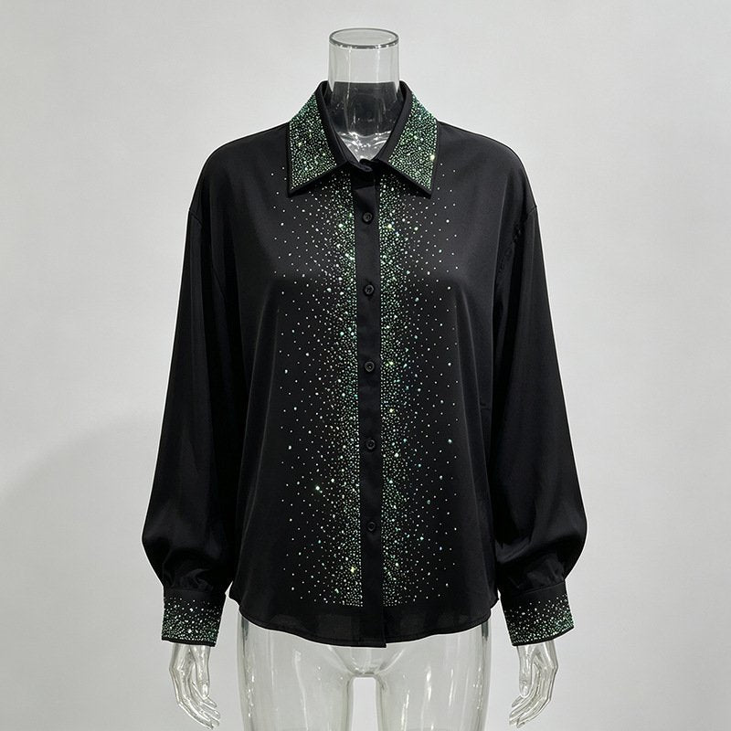 White/Black Rhinestone Blouse Women's Long Sleeve Shirt