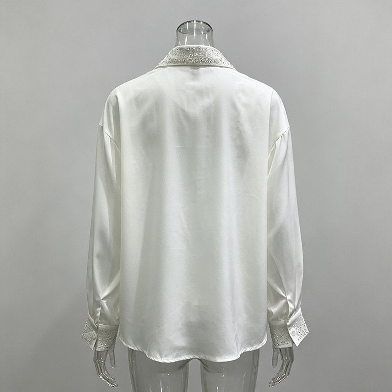 White/Black Rhinestone Blouse Women's Long Sleeve Shirt