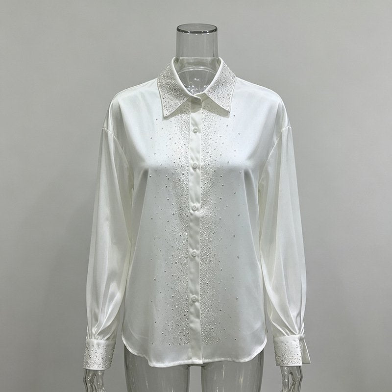 White/Black Rhinestone Blouse Women's Long Sleeve Shirt
