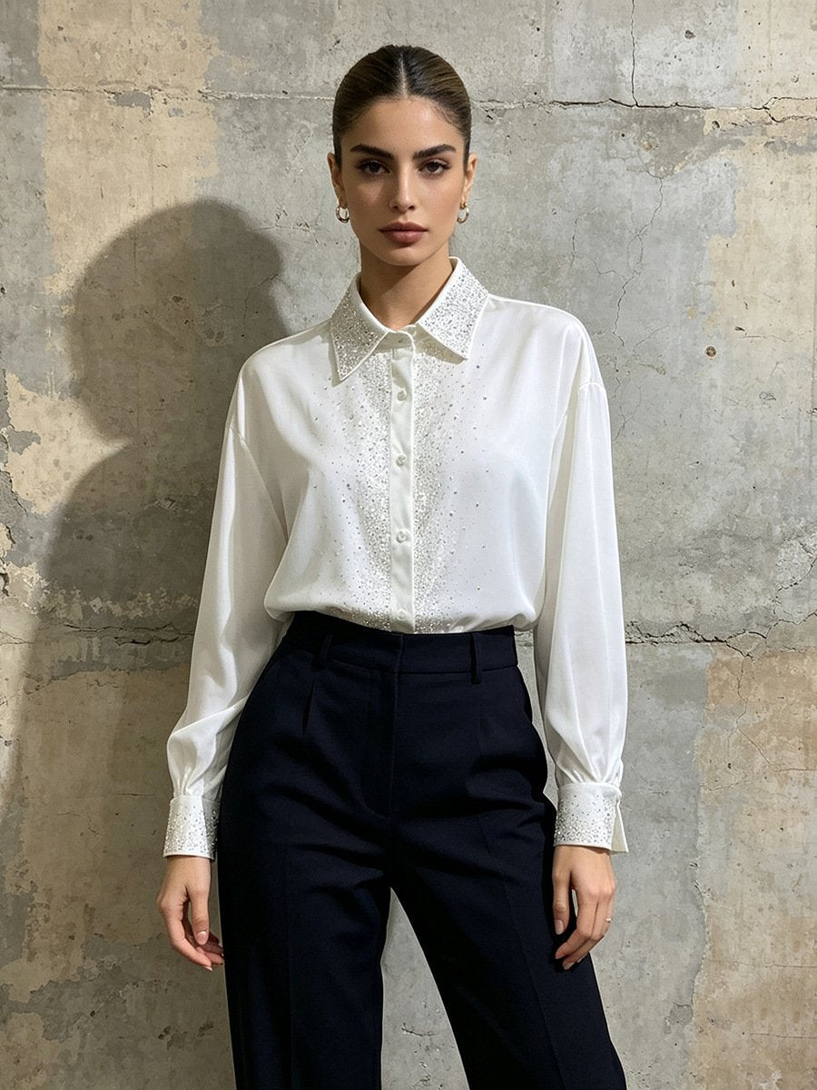 White/Black Rhinestone Blouse Women's Long Sleeve Shirt