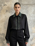 White/Black Rhinestone Blouse Women's Long Sleeve Shirt