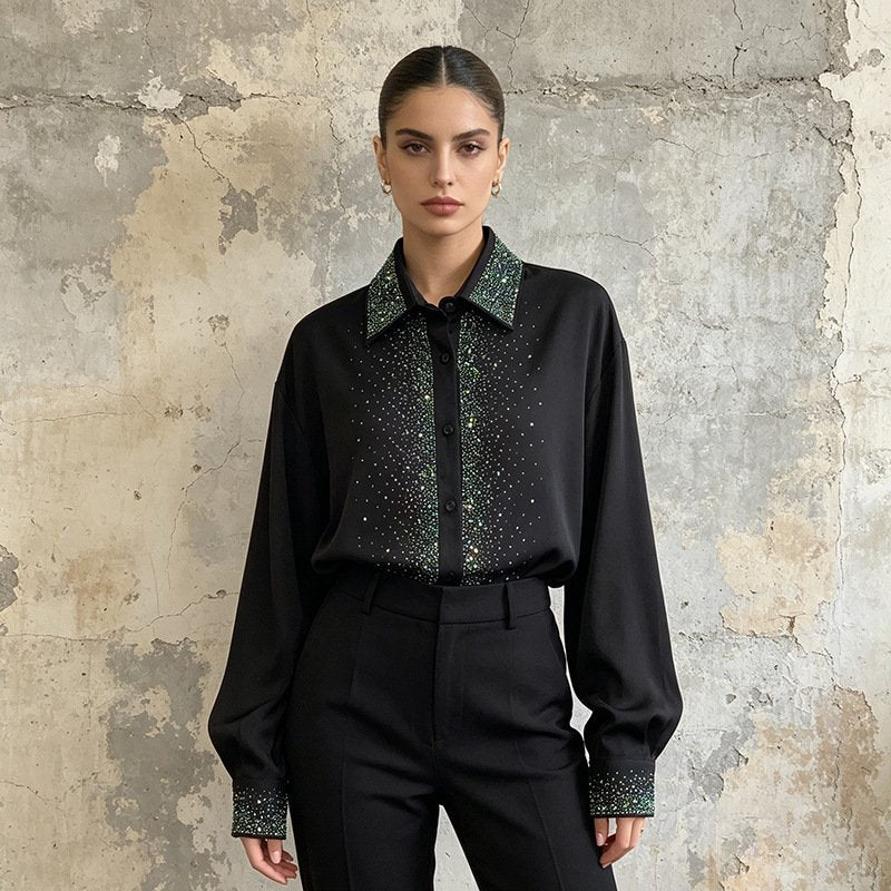White/Black Rhinestone Blouse Women's Long Sleeve Shirt