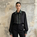White/Black Rhinestone Blouse Women's Long Sleeve Shirt
