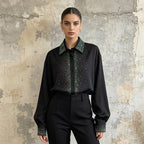 White/Black Rhinestone Blouse Women's Long Sleeve Shirt