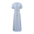 Light Blue Knit Maxi Dress Button Front Short Sleeve - Styeenigma