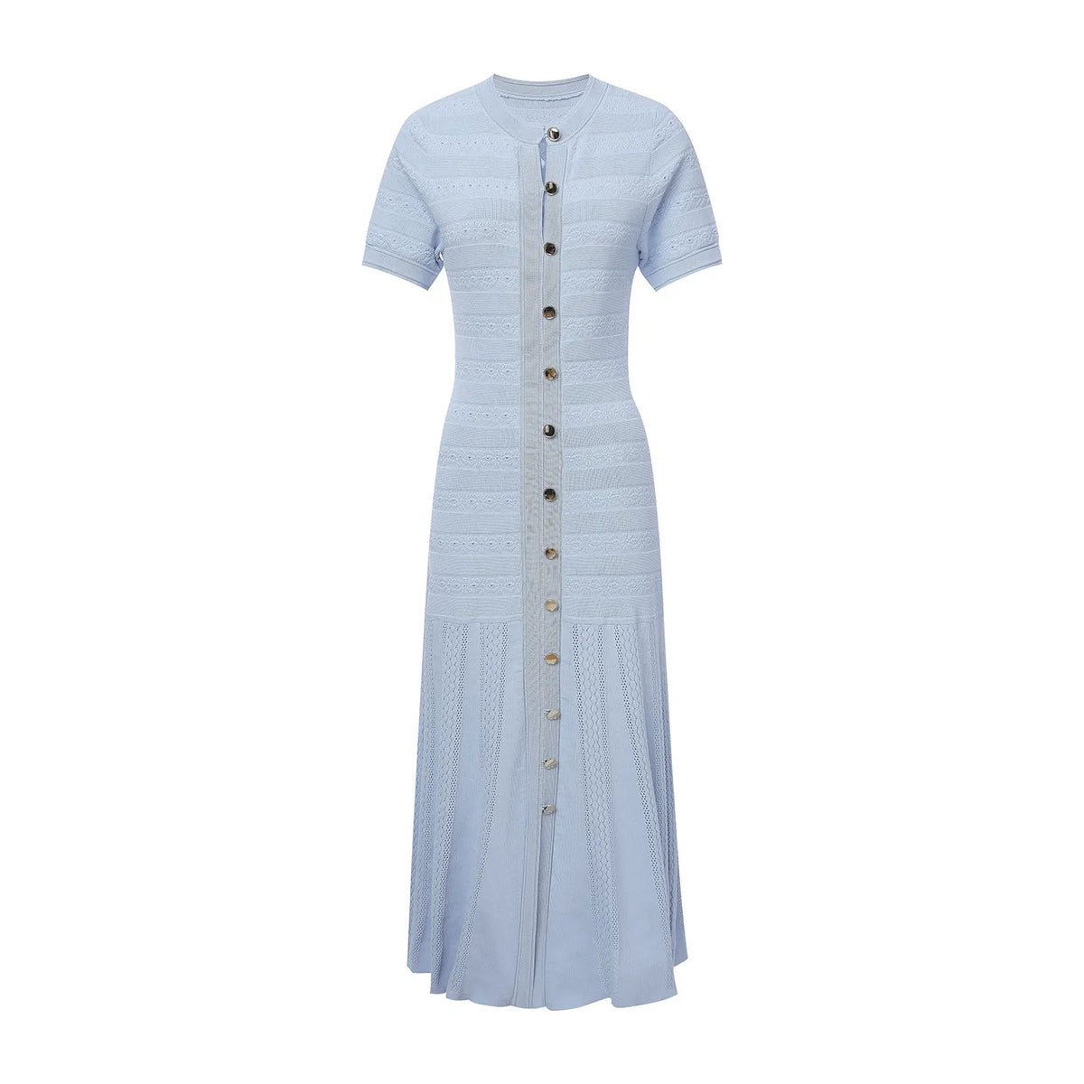 Light Blue Knit Maxi Dress Button Front Short Sleeve - Styeenigma