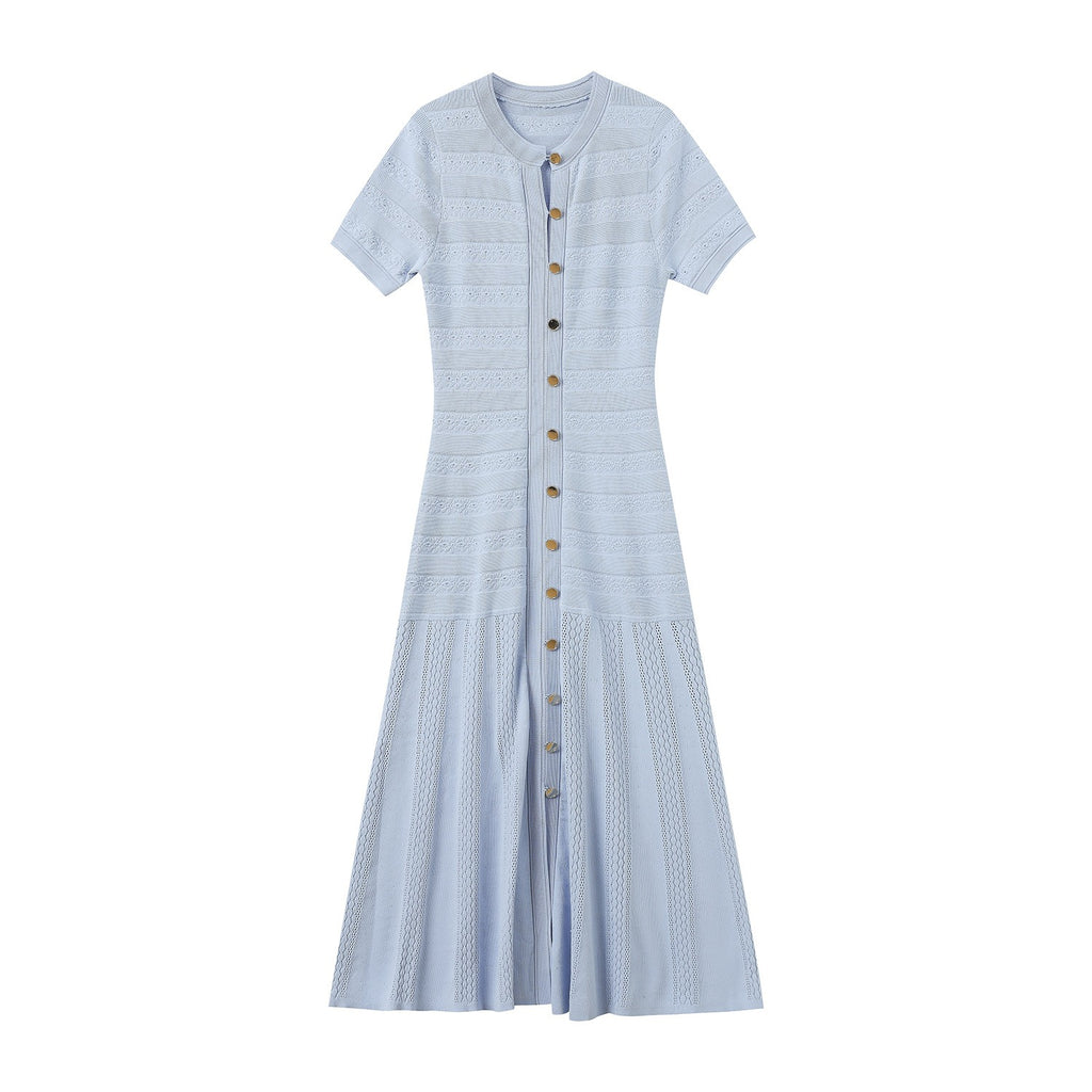 Light Blue Knit Maxi Dress Button Front Short Sleeve - Styeenigma