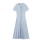 Light Blue Knit Maxi Dress Button Front Short Sleeve - Styeenigma