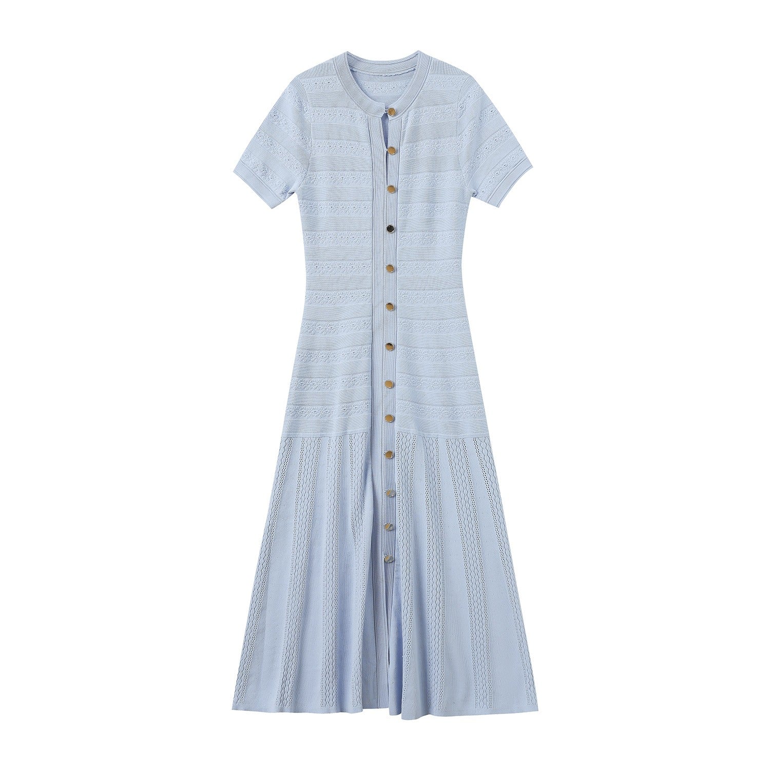 Light Blue Knit Maxi Dress Button Front Short Sleeve - Styeenigma