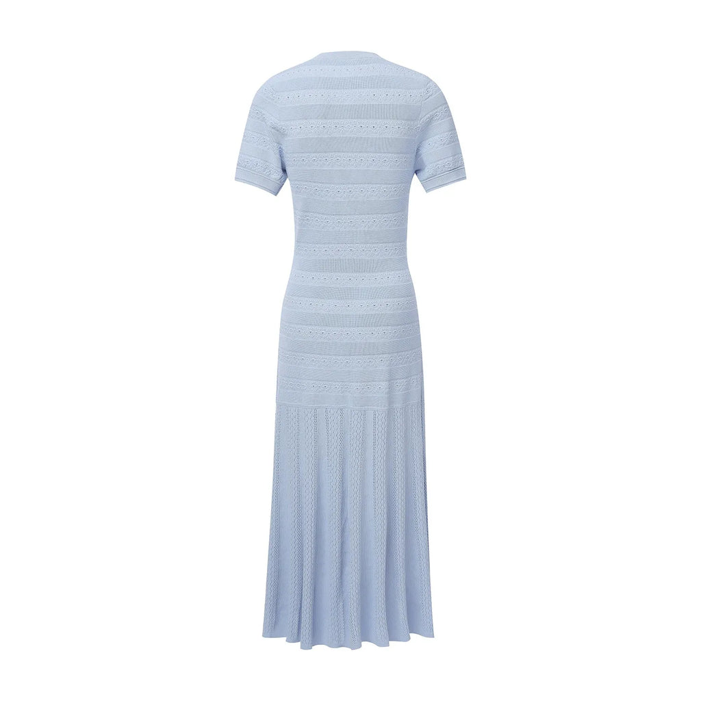 Light Blue Knit Maxi Dress Button Front Short Sleeve - Styeenigma