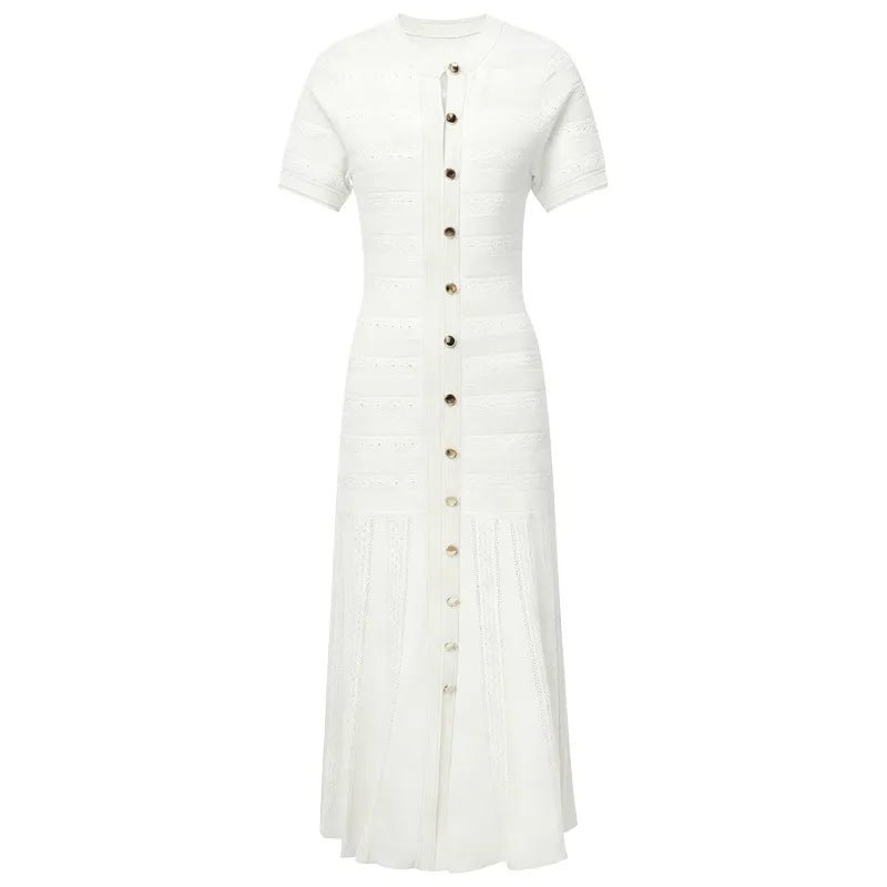 Light Blue Knit Maxi Dress Button Front Short Sleeve - Styeenigma
