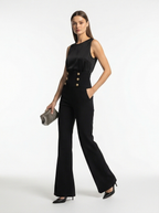 Black High-Waist Flared Trousers – Elegant Pants with Gold Buttons
