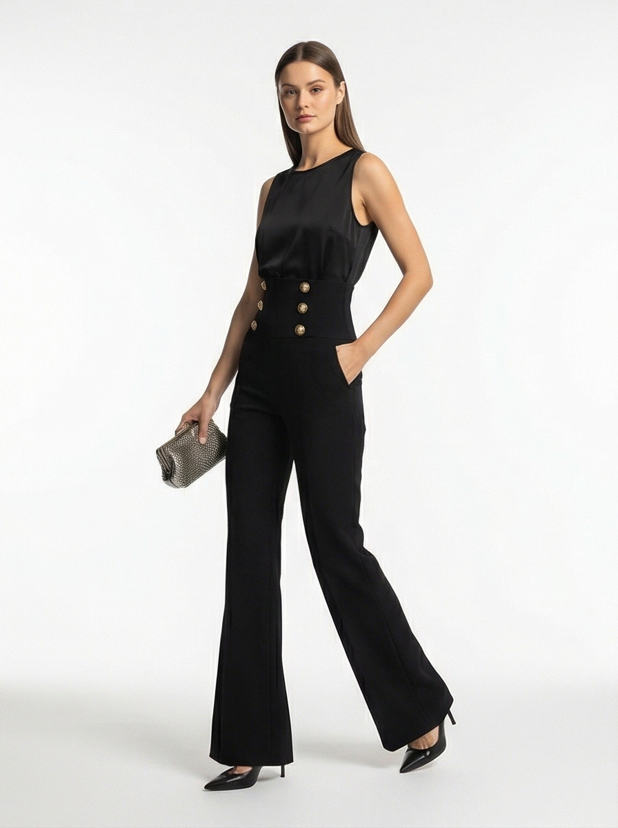 Black High-Waist Flared Trousers – Elegant Pants with Gold Buttons