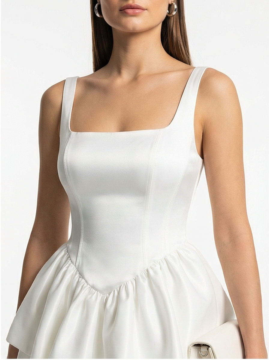 White sleeveless dress worn by a model on a plain background