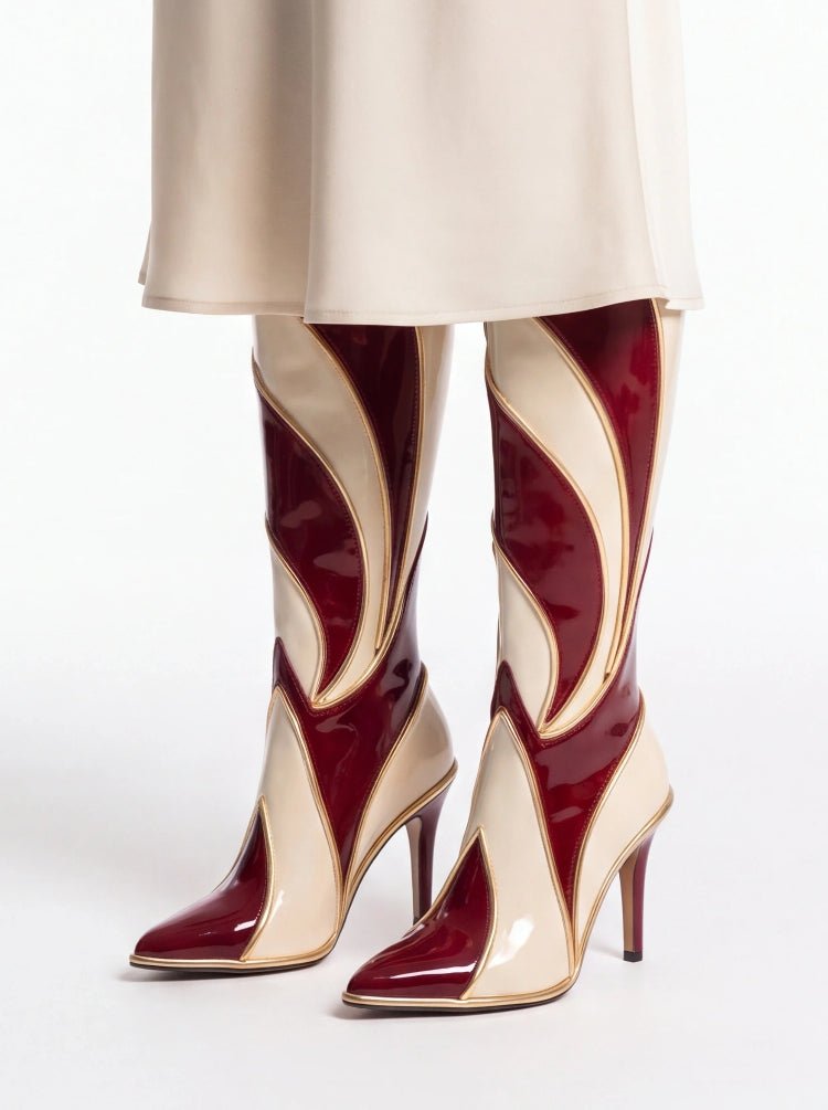 Burgundy Faux Leather Knee High Boots Women's Stiletto Heel Pointed Toe Shoes - Styeenigma
