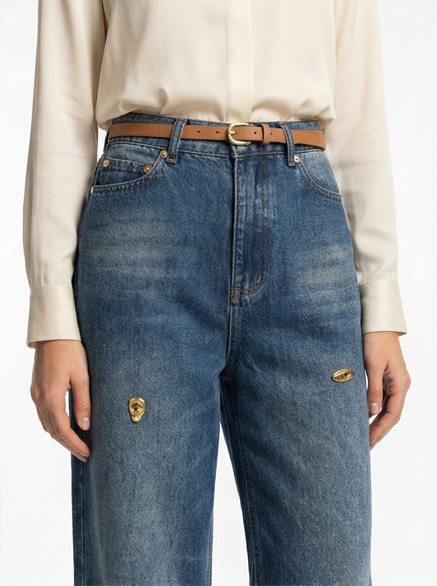 Person wearing blue jeans with a white shirt on a plain background