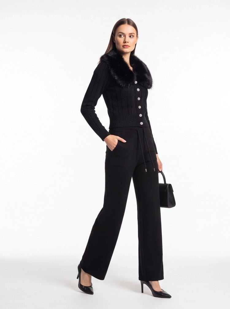 Fur Collar Cardigan Knit Set Rhinestone Buttons Wide Leg Pants - Styeenigma