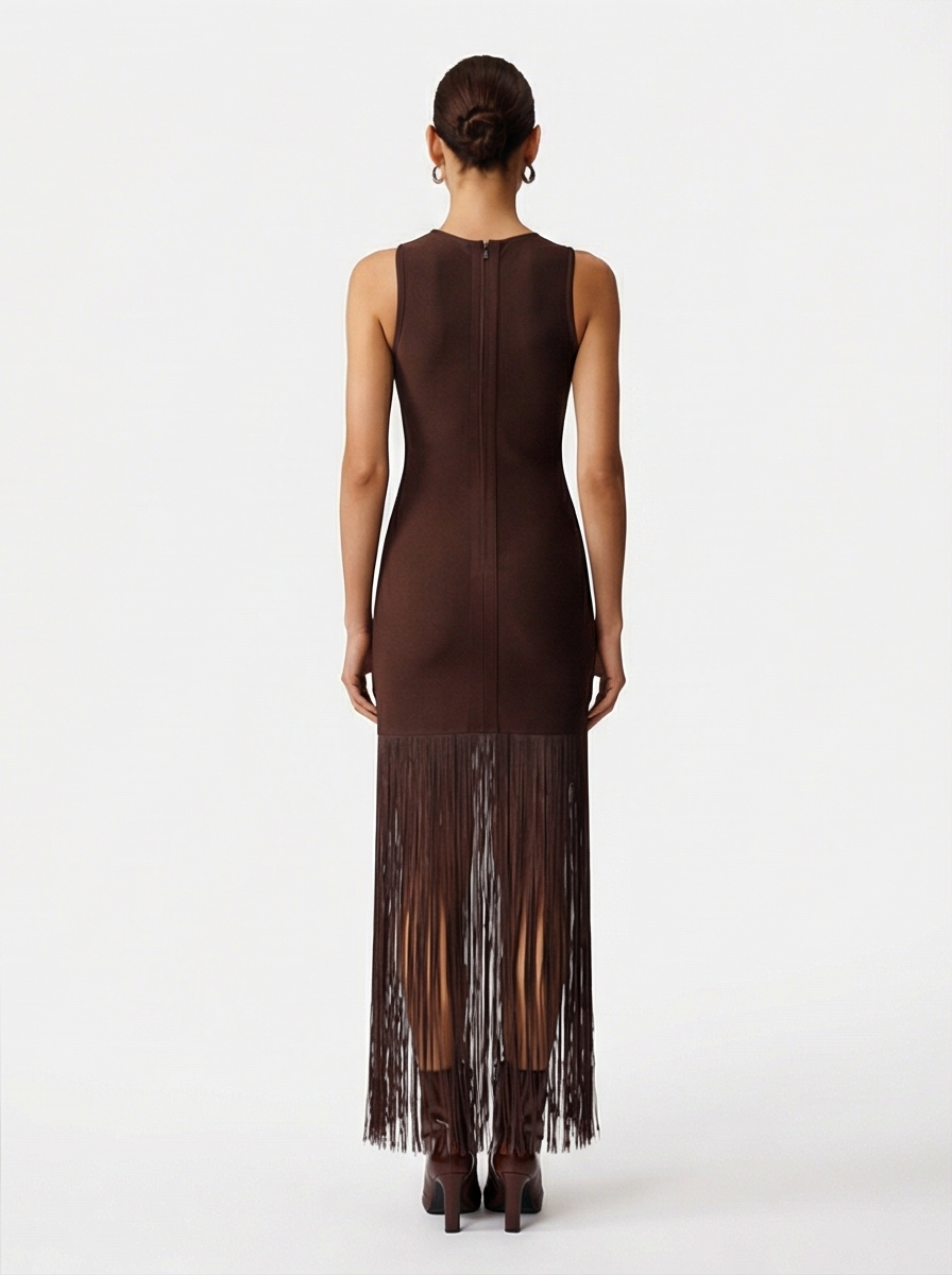 Brown dress with fringe details on a white background