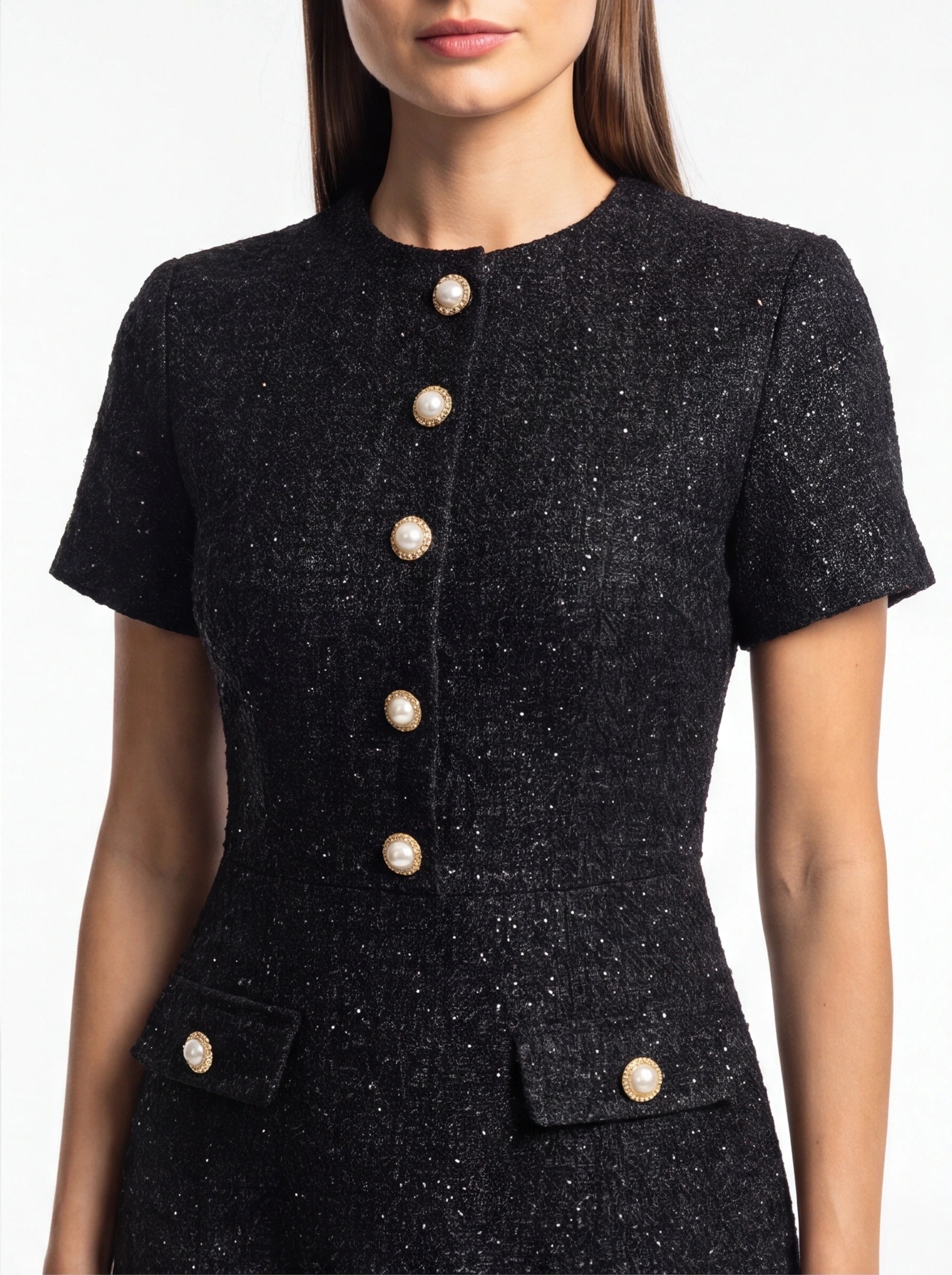 Tweed Party Dress | Short Sleeve Pearl Button Mini Dress