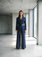 Women’s Navy Stripe Belted Jumpsuit Blazer Style Wide Leg Pants - Styeenigma