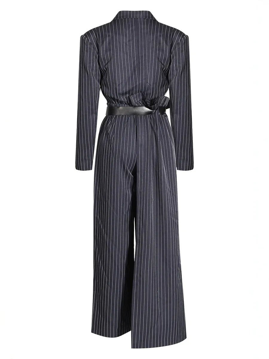 Women’s Navy Stripe Belted Jumpsuit Blazer Style Wide Leg Pants - Styeenigma