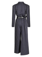Women’s Navy Stripe Belted Jumpsuit Blazer Style Wide Leg Pants - Styeenigma