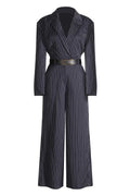 Women’s Navy Stripe Belted Jumpsuit Blazer Style Wide Leg Pants - Styeenigma