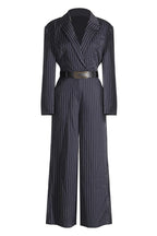 Women’s Navy Stripe Belted Jumpsuit Blazer Style Wide Leg Pants - Styeenigma