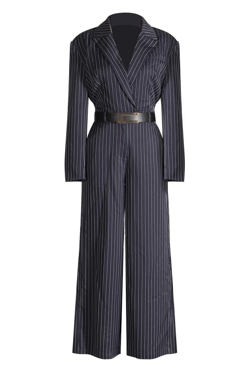 Women’s Navy Stripe Belted Jumpsuit Blazer Style Wide Leg Pants - Styeenigma