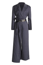 Women’s Navy Stripe Belted Jumpsuit Blazer Style Wide Leg Pants - Styeenigma