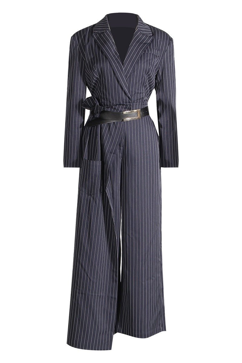 Women’s Navy Stripe Belted Jumpsuit Blazer Style Wide Leg Pants - Styeenigma
