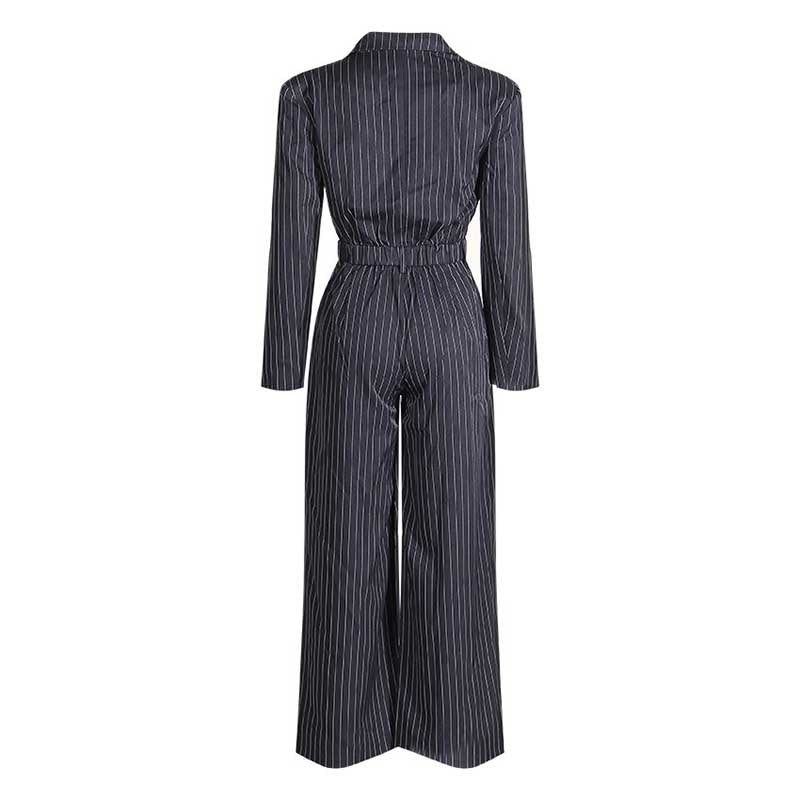 Women’s Navy Stripe Belted Jumpsuit Blazer Style Wide Leg Pants - Styeenigma