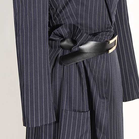 Women’s Navy Stripe Belted Jumpsuit Blazer Style Wide Leg Pants - Styeenigma