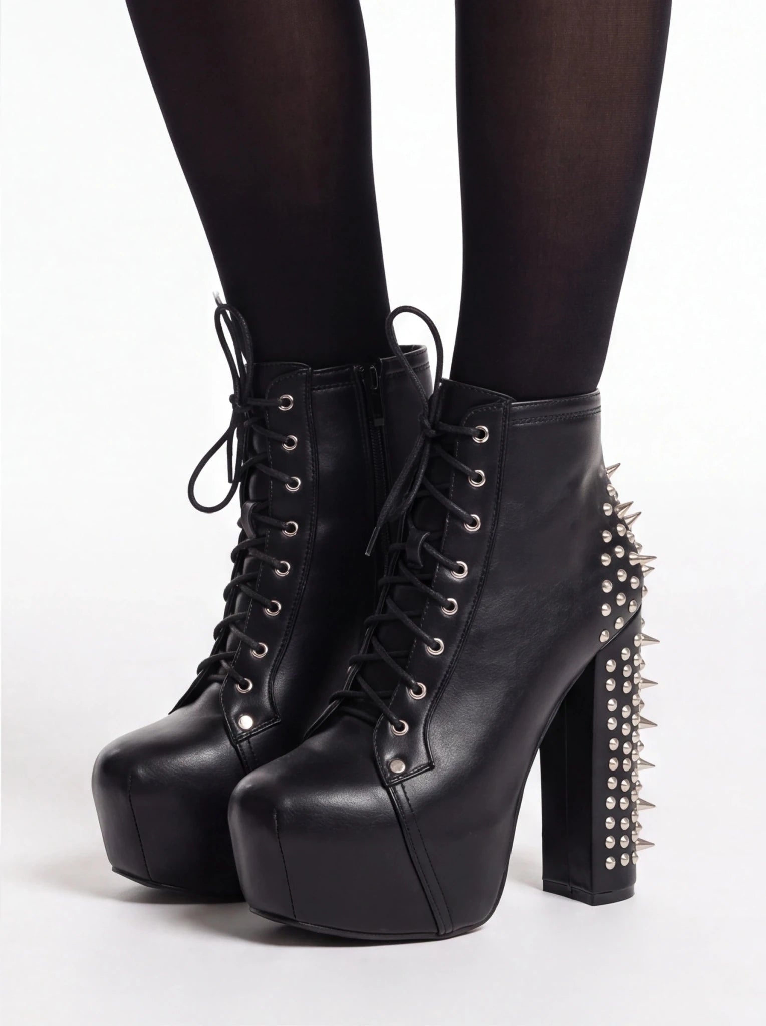 Women's Punk Studded Platform Boots - Gothic Lace Up Ankle Boots with Spikes | Heavy Metal High Heel Shoes - Styeenigma
