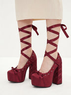 Ribbon Tied Platform Heel Pumps – Balletcore Lolita Y2K Lace-Up Knee-High Shoes for Women - Styeenigma