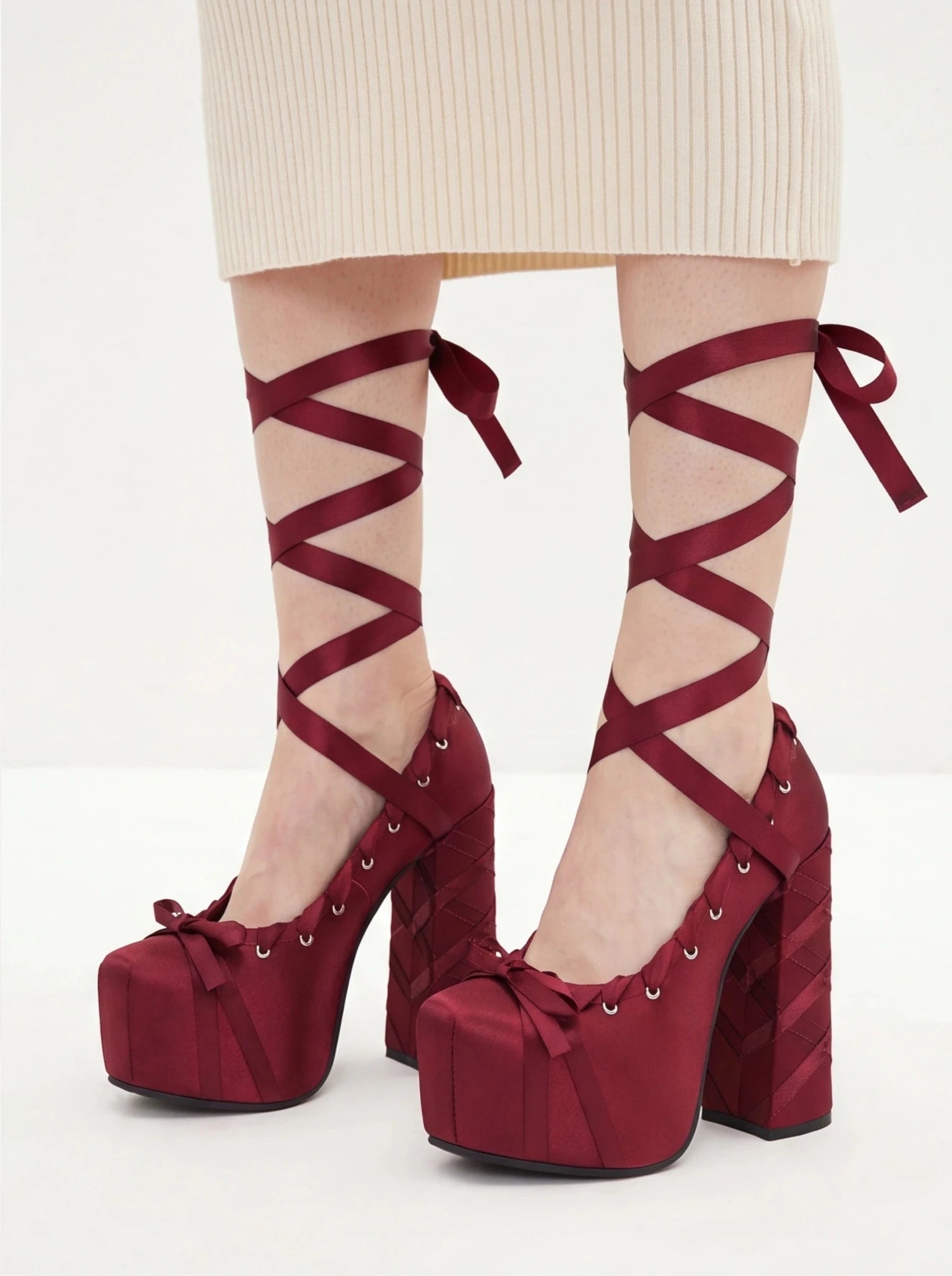 Ribbon Tied Platform Heel Pumps – Balletcore Lolita Y2K Lace-Up Knee-High Shoes for Women - Styeenigma