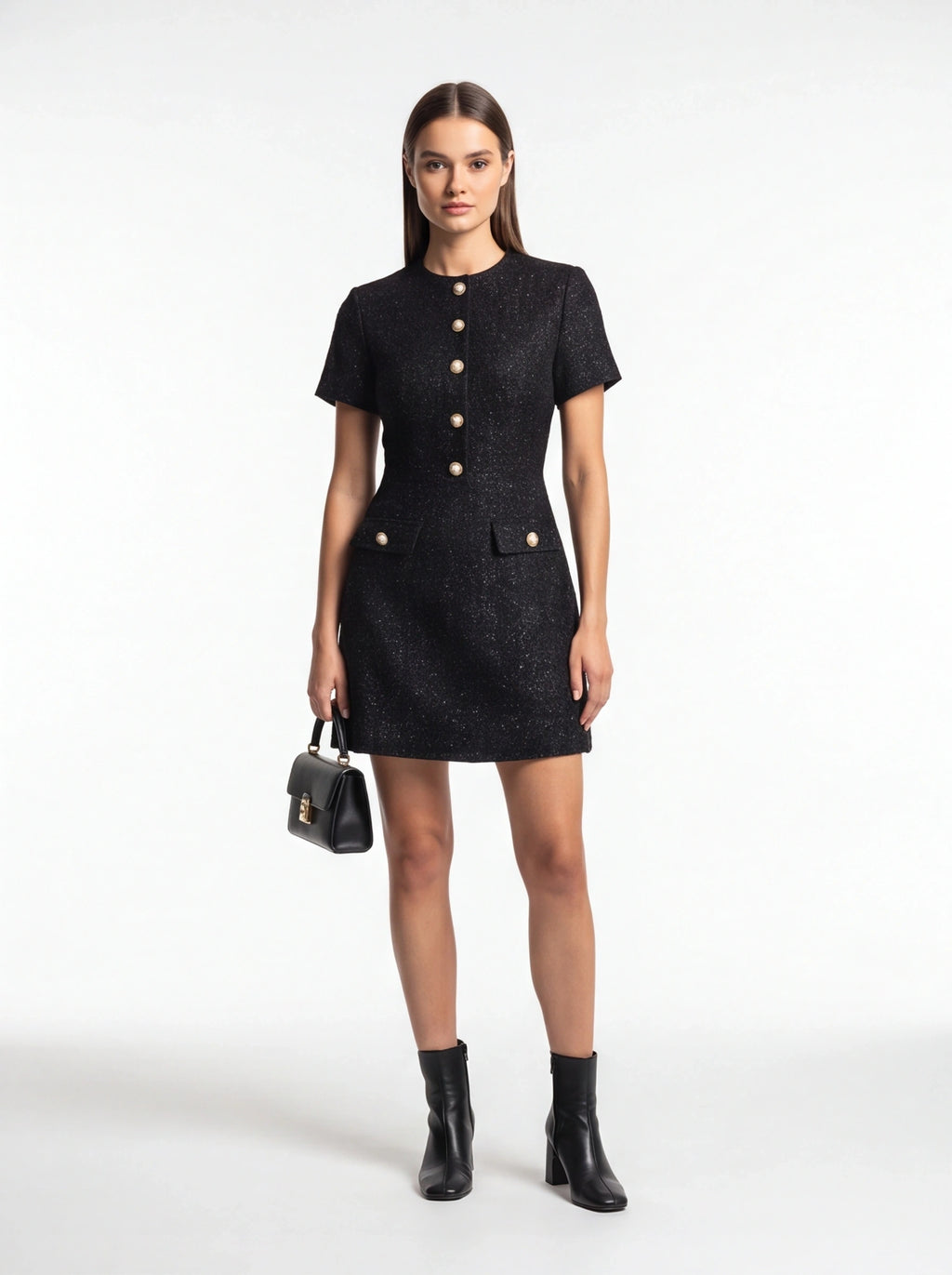 Tweed Party Dress | Short Sleeve Pearl Button Mini Dress