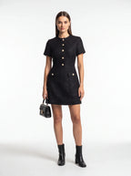 Tweed Party Dress | Short Sleeve Pearl Button Mini Dress