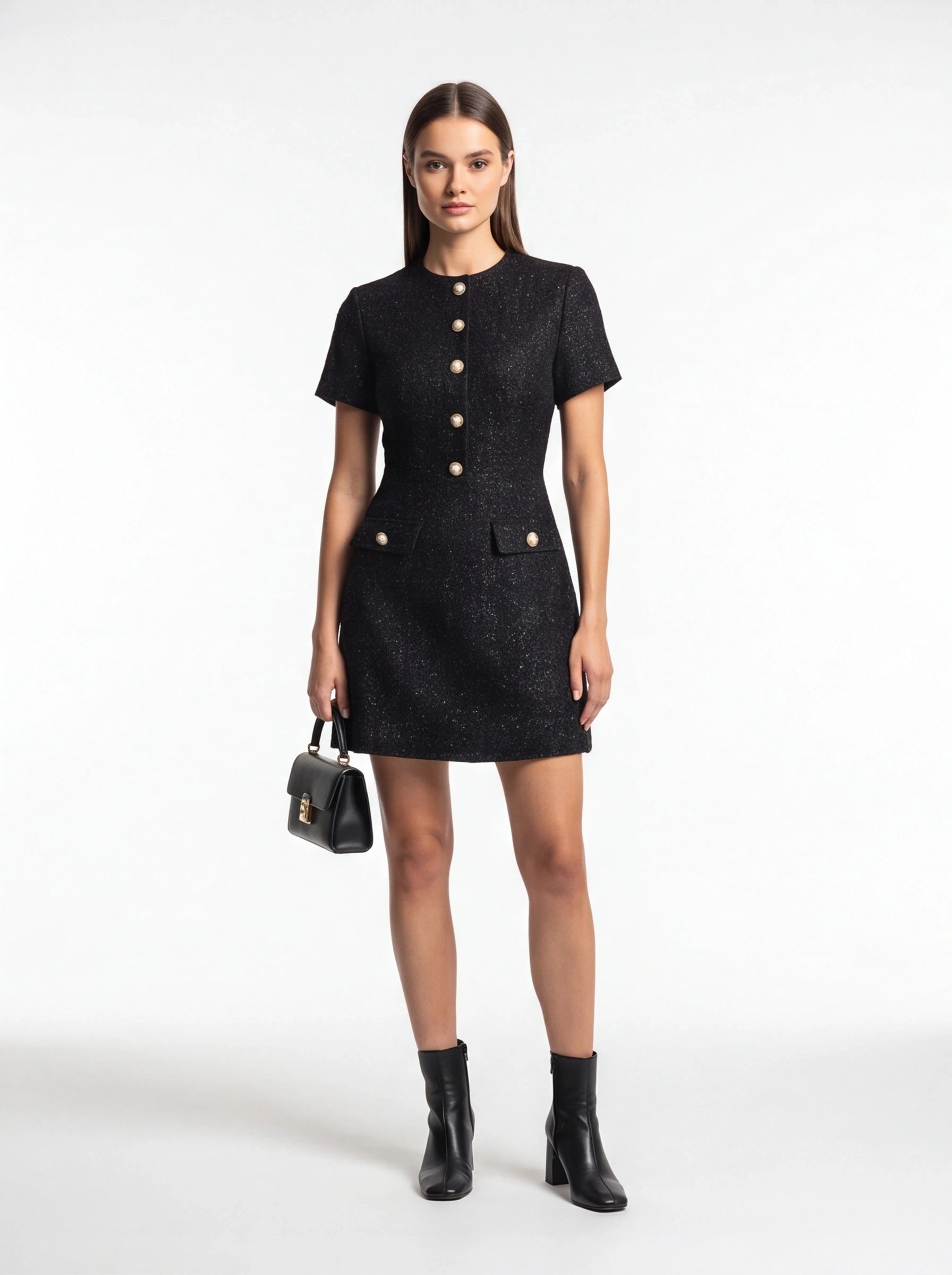 Tweed Party Dress | Short Sleeve Pearl Button Mini Dress