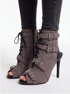 Women's Suede Peep Toe Short Boots Stiletto Heel Lace Up Ankle Booties with Buckles - Styeenigma