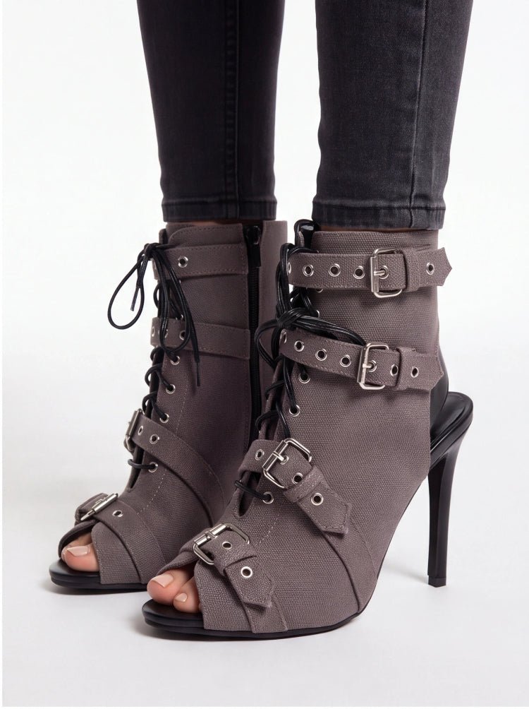 Women's Suede Peep Toe Short Boots Stiletto Heel Lace Up Ankle Booties with Buckles - Styeenigma