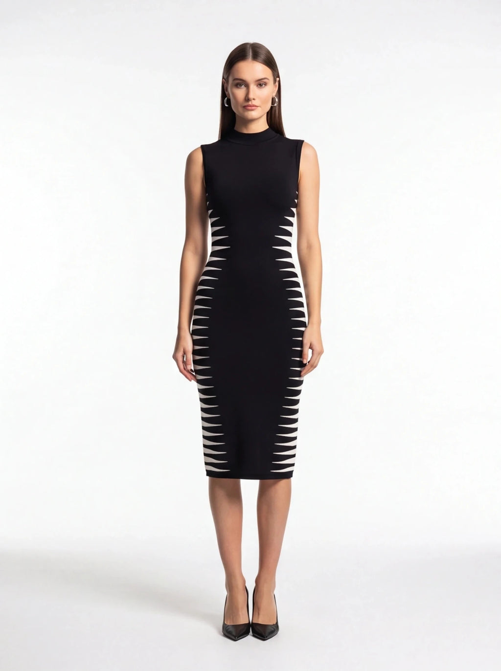 Women's Black and White Bandage Dress - Sleeveless High Neck Bodycon Midi Dress - Styeenigma
