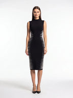 Women's Black and White Bandage Dress - Sleeveless High Neck Bodycon Midi Dress - Styeenigma