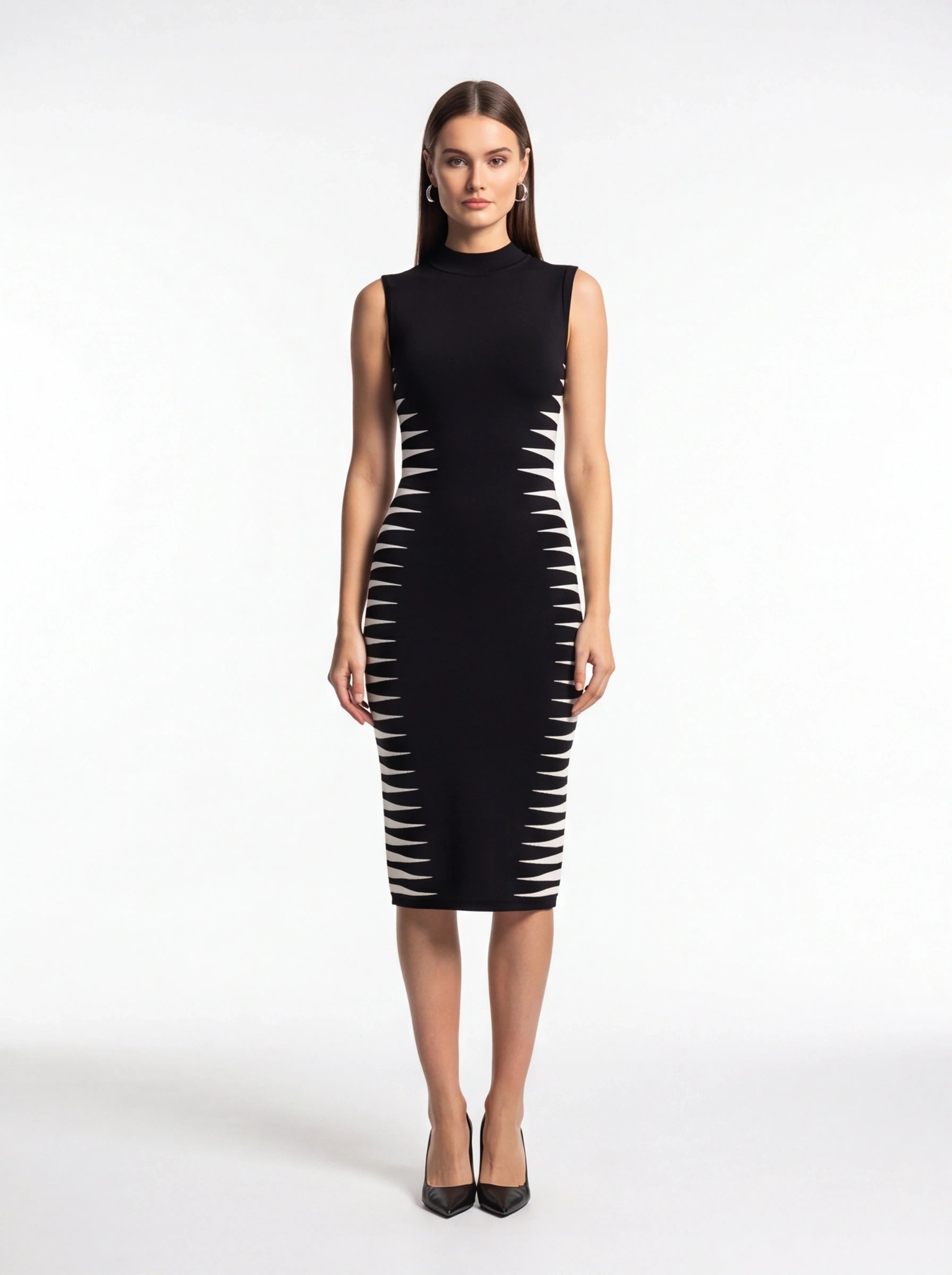 Women's Black and White Bandage Dress - Sleeveless High Neck Bodycon Midi Dress